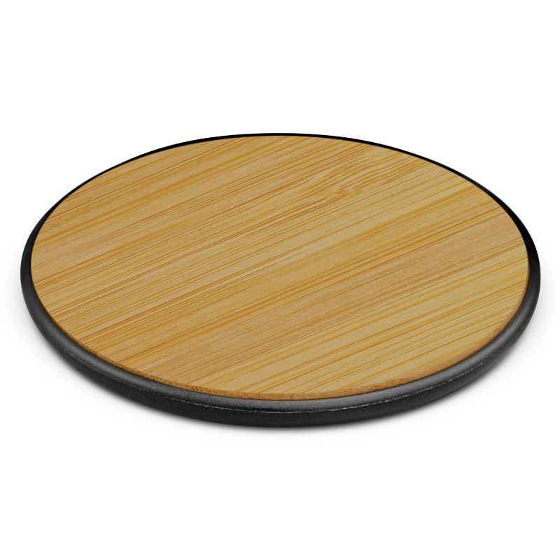 Eco-friendly Bamboo Wireless Charger in natural and black, designed for stylish, convenient device charging.