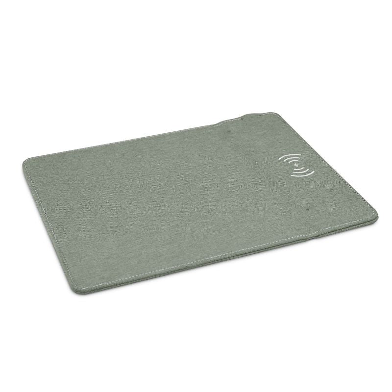 Set of 3 grey mouse mats with built-in 5W wireless charger for modern smartphones, featuring stylish fabric and convenient design.