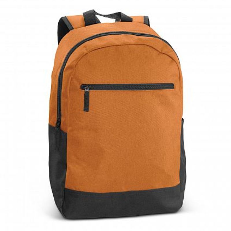 Set of 3 vibrant orange Corolla Backpacks featuring padded laptop sleeve, water-resistant fabric, and adjustable straps.