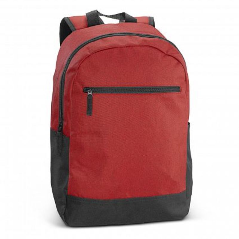Set of 3 vibrant red Corolla Backpacks with padded laptop sleeve, side pockets, and adjustable straps for comfort.