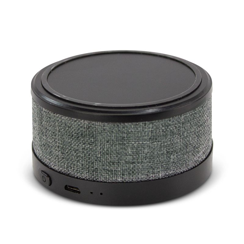 Icarus Wireless Charger Speaker in grey and black, featuring Bluetooth, wireless charging, and hands-free calling.