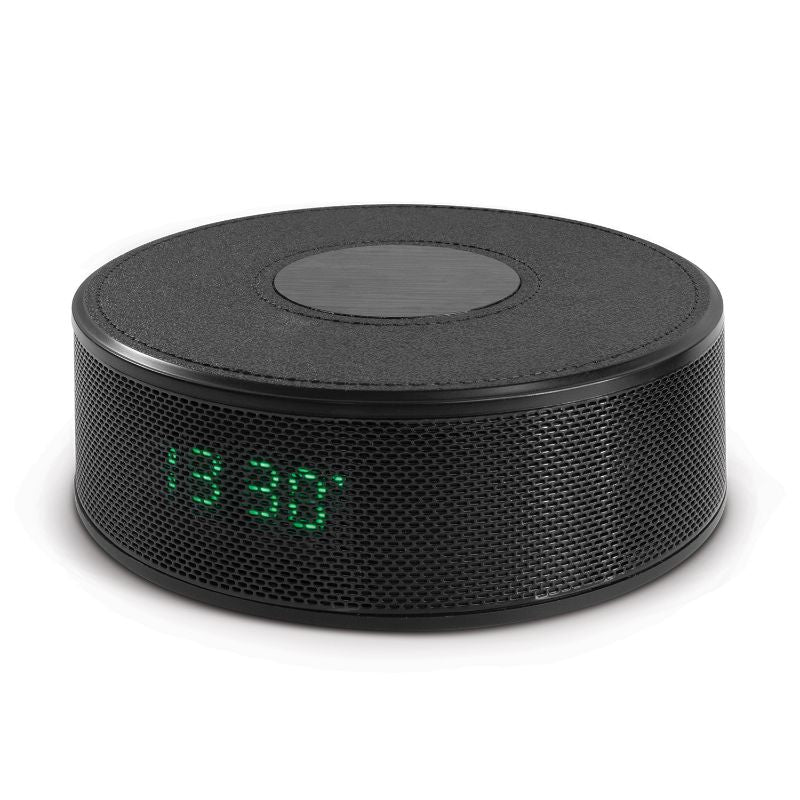 Zulu Speaker Wireless Charger in black combines Bluetooth speaker, wireless charging, alarm clock, and FM radio in one sleek device.