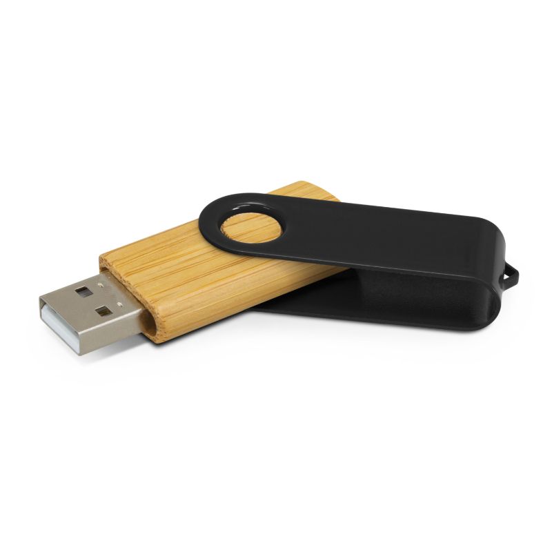 Set of 6 Helix 4GB Bamboo Flash Drives in black, eco-friendly design, USB 2.0 interface for quick file transfers.