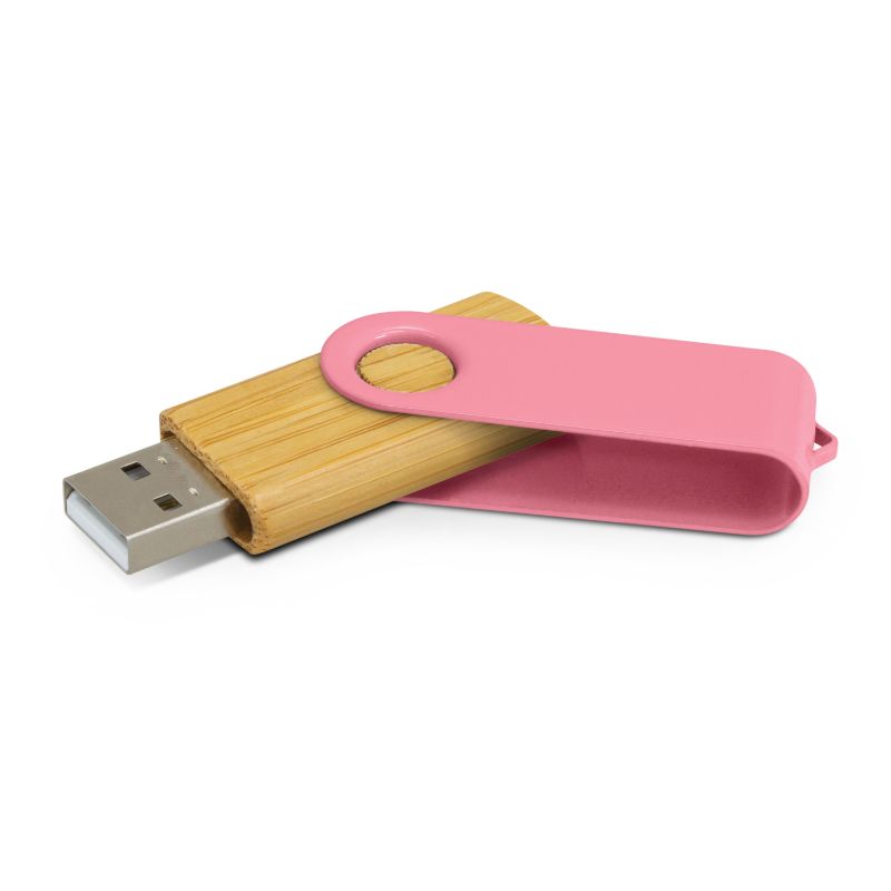 Set of 6 eco-friendly pink bamboo 4GB flash drives, perfect for stylish data storage and transfer. Compact and functional.