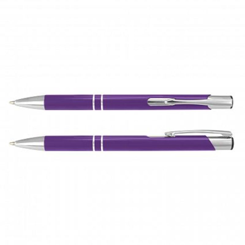 Set of 50 purple retractable aluminium pens with chrome accents, perfect for corporate branding and giveaways.