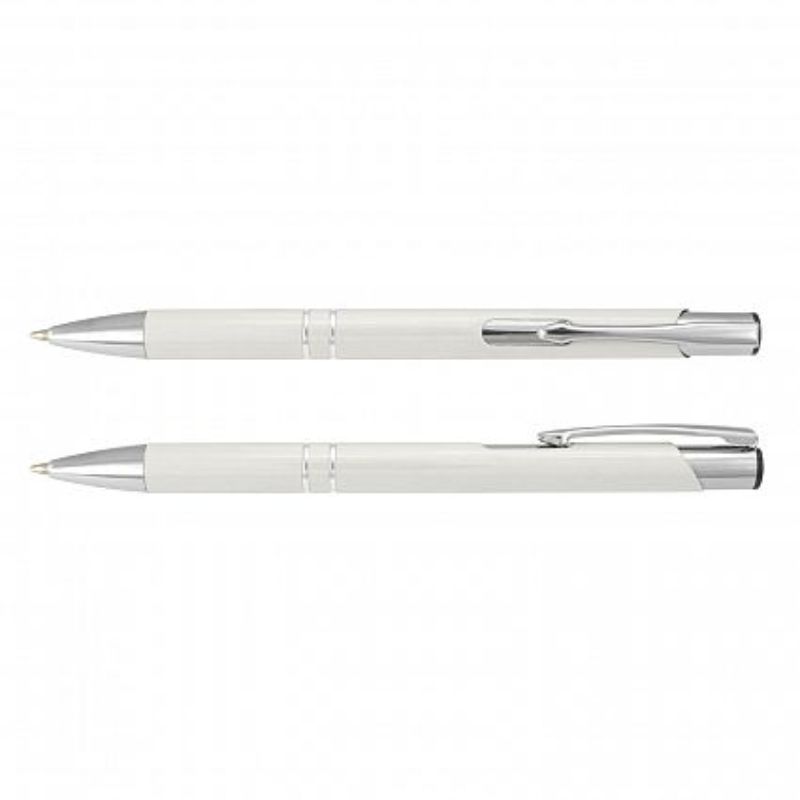 Panama Pen set of 50, retractable white aluminium ball pens with chrome accents and 1200 meters of black ink.