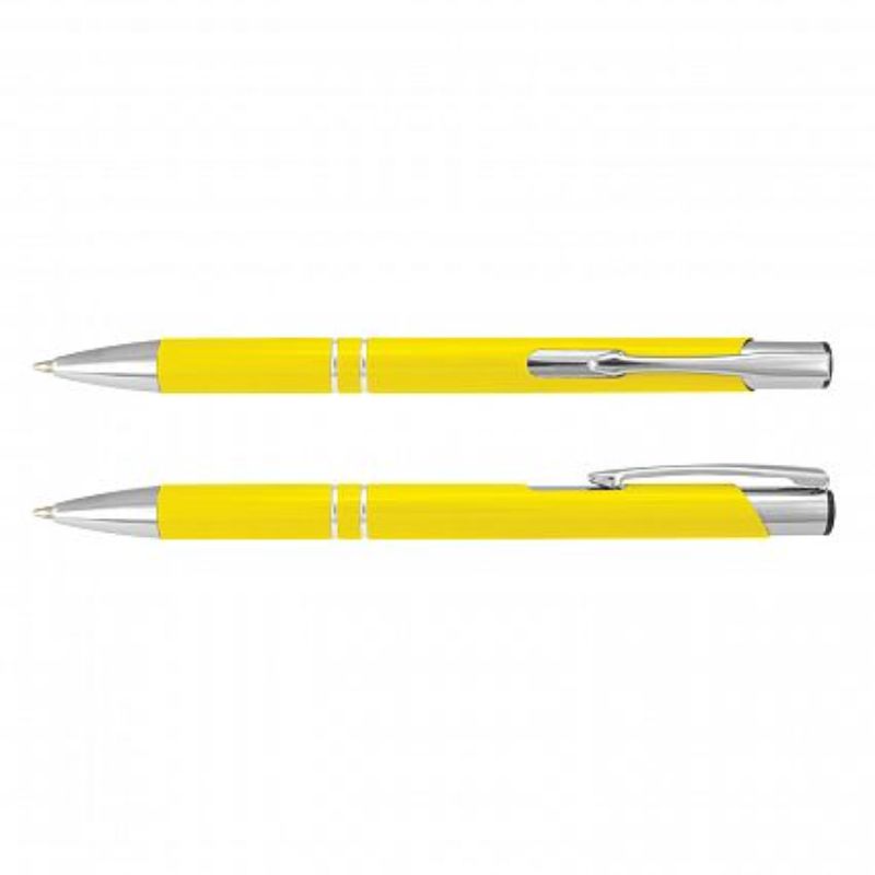 Retractable yellow aluminum ballpoint pen with chrome accents, featuring 1200 meters of smooth ink, set of 50.