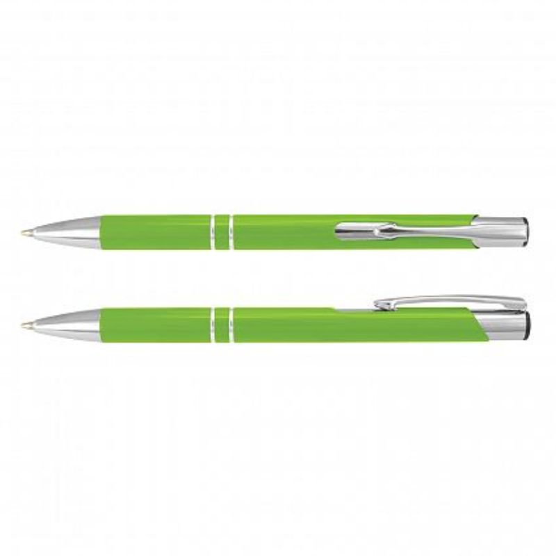 Set of 50 bright green Panama Pens featuring sleek aluminum bodies and chrome accents, ideal for corporate branding and giveaways.