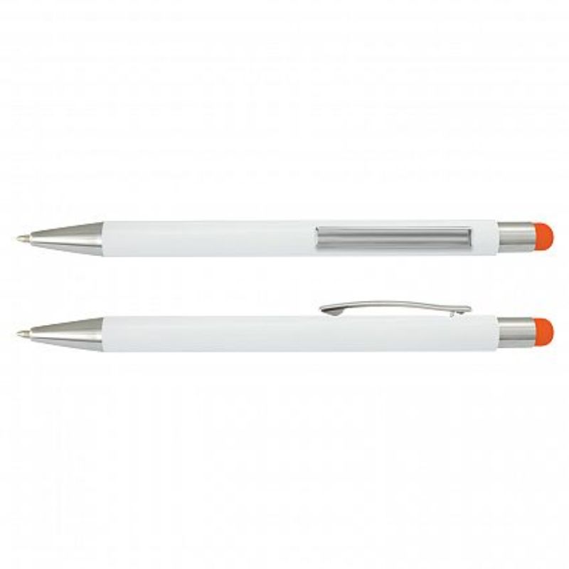 Retractable stylus pens with white barrel and orange accents, ideal for promotional use and tech-savvy users, set of 50.
