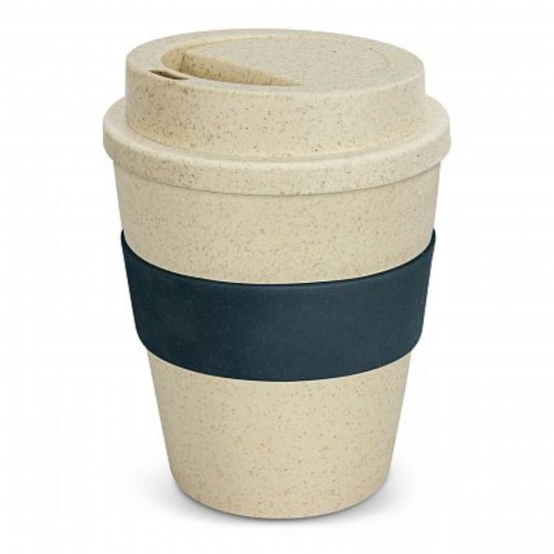 Set of 12 eco-friendly 350ml reusable coffee cups in natural and navy, made from rice husk and polypropylene, with secure lids.
