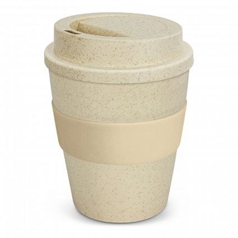Set of 12 eco-friendly 350ml coffee cups made from rice husk fiber with secure lids and silicone bands for on-the-go use.