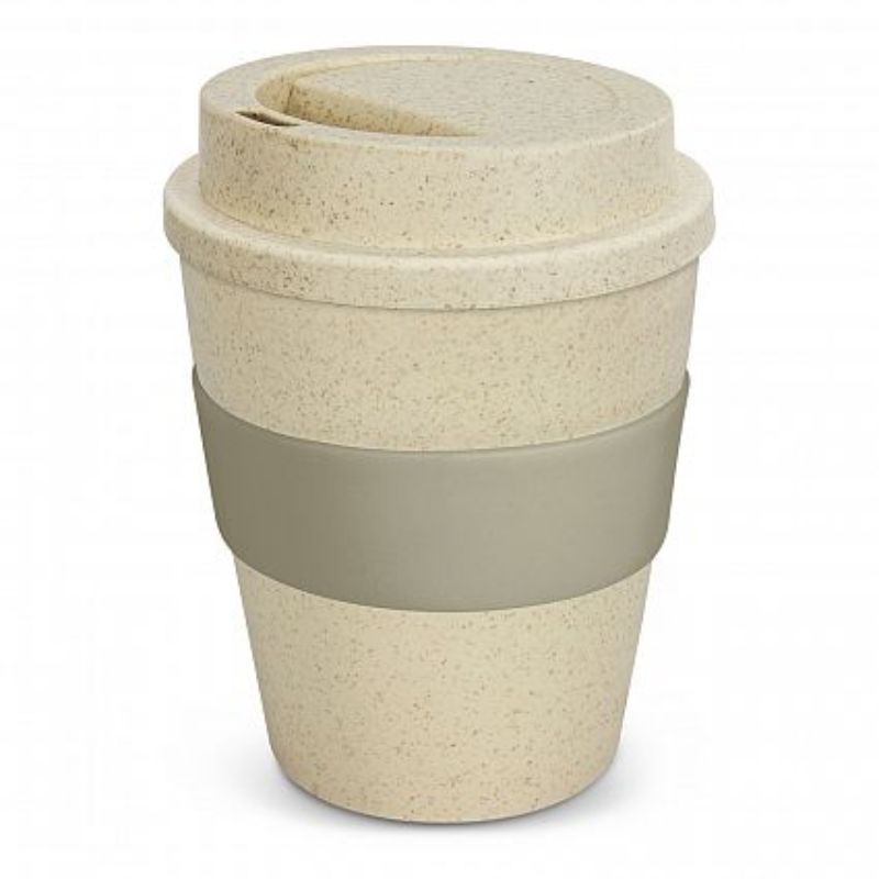 Set of 12 stylish 350ml reusable coffee cups in natural and grey, made from eco-friendly rice husk fiber and BPA-free polypropylene.