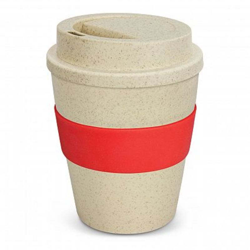 Eco-friendly 350ml reusable coffee cup set of 12, made from rice husk fiber and BPA-free polypropylene in natural/red.