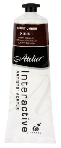 Acrylic paint tube featuring rich Burnt Umber shade, designed for versatile fast and controlled drying techniques.