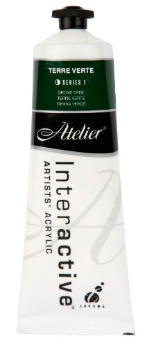 A bottle of Atelier 80ml Terre Verte acrylic paint, a versatile green pigment for innovative painting techniques.