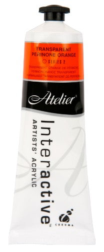 Acrylic paint tube featuring vibrant Transparent Perinone Orange, ideal for versatile techniques and artistic expression.