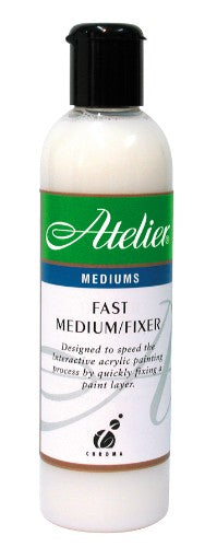 Acrylic paint bottle labeled Atelier Fast Medium 250ml, designed for versatile fast and controlled drying techniques.