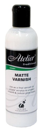 Atelier Matt Varnish 250ml, a durable matte finish for acrylic art, protects against dust, moisture, and UV rays.