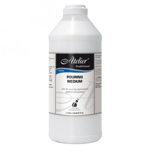 Atelier Pouring Medium 1L for creating stunning fluid art with enhanced color transparency and durable, glossy finish.