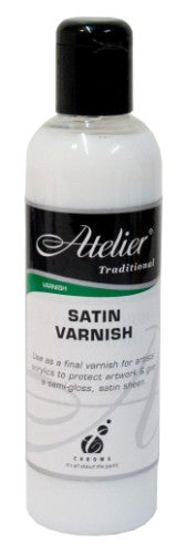 Atelier Satin Varnish 250ml, a clear acrylic varnish enhancing colors and protecting artwork, ideal for artists and DIY projects.