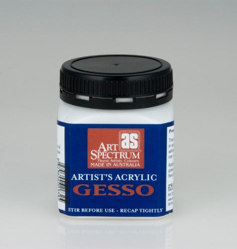 Brilliant white gesso in a 250ml bottle, ideal for creating absorbent, flexible, and waterproof surfaces for artists.