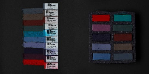 Set of 10 extra soft dark pastels for artists, showcasing rich colors and smooth blendability for vibrant artwork.