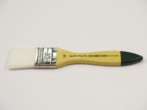 White nylon flat brush, 1.5 inches wide, designed for smooth paint application on large surfaces in various mediums.
