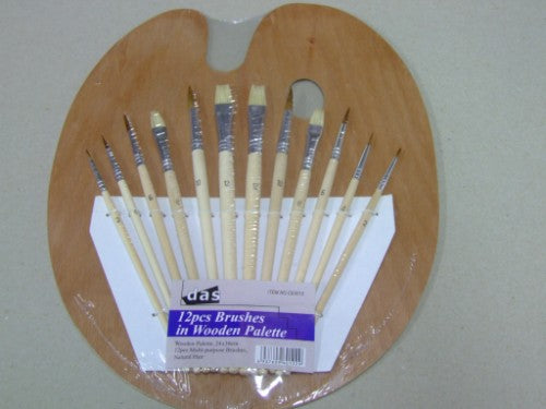 12-piece artist brush set on a wooden palette, ideal for acrylic, watercolor, and oil painting techniques.