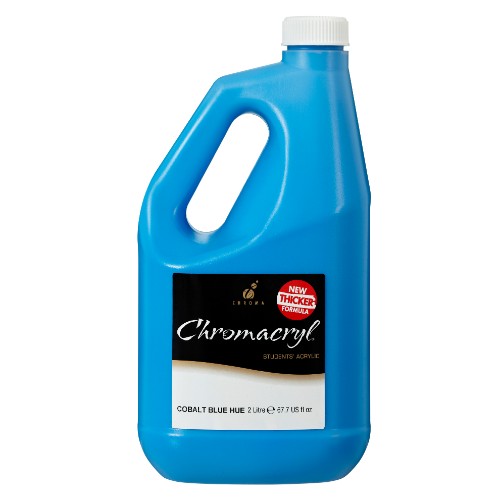 A vibrant 2-liter bottle of Chromacryl acrylic paint in cobalt blue, perfect for students and professionals alike.