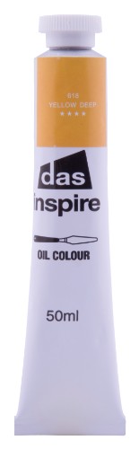Vibrant 50ml tube of Das Inspire Oil Paint in Yellow Deep, perfect for adding warmth to medium and suitable for all skill levels.