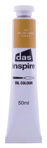 50ml tube of Das Inspire Oil Paint in Yellow Ochre, showcasing a rich, warm color ideal for various artistic projects.