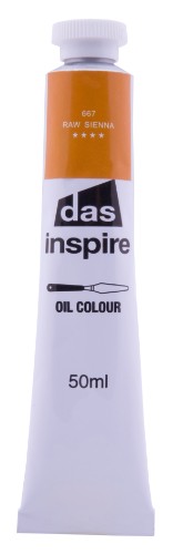 50ml tube of Das Inspire Raw Sienna oil paint, ideal for beginners, featuring smooth blendability and vibrant, earthy color.