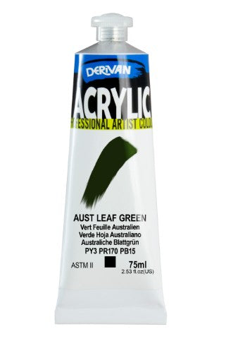 A 75ml tube of Derivan Acrylic Paint in Aust Leaf Green, perfect for vibrant nature-inspired art projects.