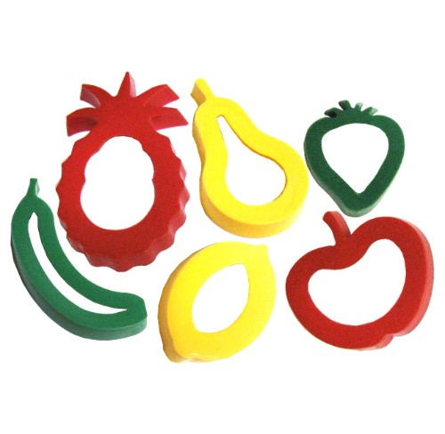 Colorful set of 6 fruit-shaped plastic dough cutters, perfect for creative cooking and crafting activities.