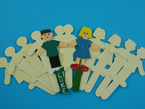 Large wooden people sticks (12 pack) with 4 unique designs, perfect for creative arts, crafts, and educational activities.