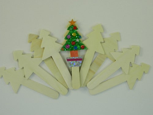 Ten wooden craft stick Christmas tree shapes for festive DIY projects, perfect for kids and adults' creative holiday activities.