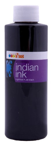 Jet black 250ml waterproof India ink for artists, ideal for pens, brushes, and versatile techniques in drawing and calligraphy.