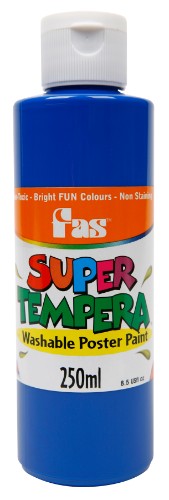 Fas Super Tempera 250ml Blue: vibrant, non-toxic paint ideal for art projects, easy to use, and washes out from most fabrics.