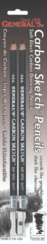 Two carbon sketch pencils with sharpener, blending graphite smoothness and charcoal darkness for artists.