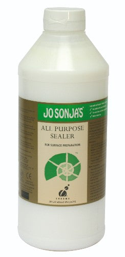 A 1-litre bottle of Jo Sonja's All Purpose Sealer, ideal for sealing wood, glass, and metal surfaces before painting.