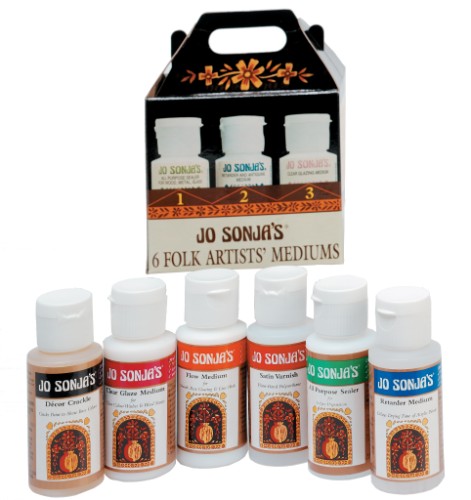 Acrylic paint starter kit with 6 mediums including sealer, glaze, and varnish for enhancing artistic projects.