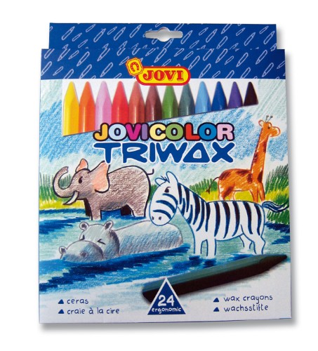 Vibrant Jovi Triwax Crayons in a 24-pack, featuring triangular design for easy grip and smooth, non-toxic coloring.