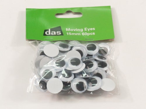 Pack of 60 self-adhesive 15mm moving eyes for crafts, featuring black pupils for lively, animated expressions.