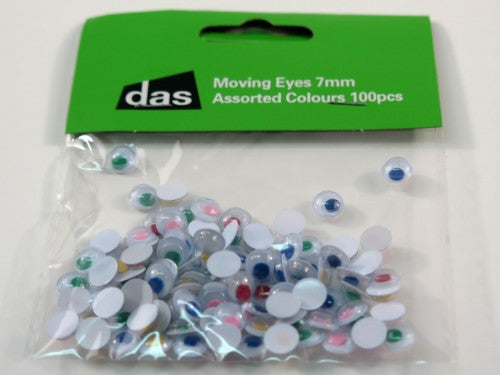Assorted 7mm moving eyes in vibrant colors, ideal for crafts, puppets, and decorations—100 pieces per pack.
