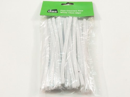 Raw white pipe cleaners, 15cm long, pack of 50, ideal for diverse crafts and creative projects for all ages.