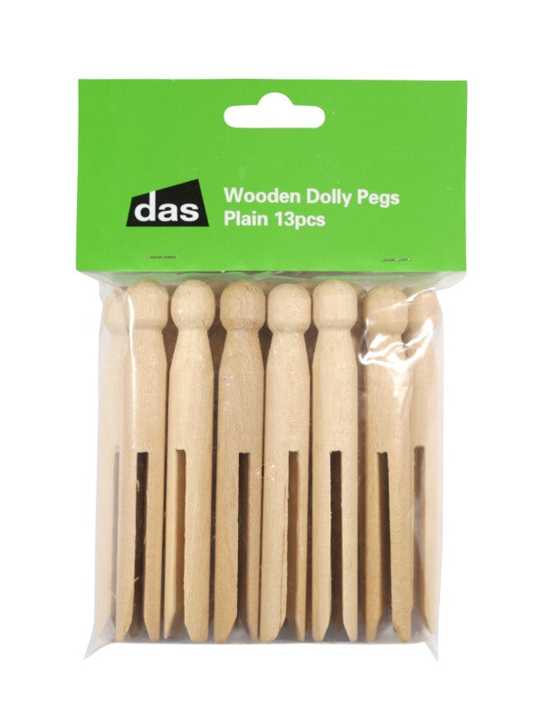 Set of 13 plain wooden dolly pegs, 11cm long, ideal for crafting, laundry, and eco-friendly home organization.