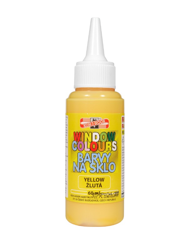 Kohinoor Glass Colour 60ml in vibrant yellow for painting on glass, tiles, and smooth surfaces, perfect for all ages.