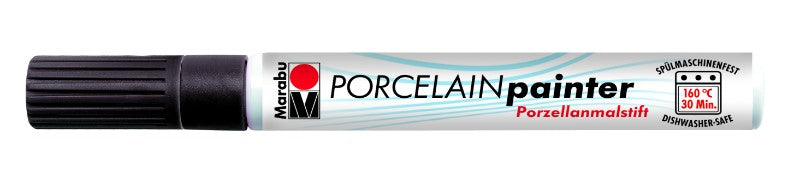 Black porcelain paint in 1-2mm nib, ideal for glazing and decorating various surfaces, oven-cured, and water-based.