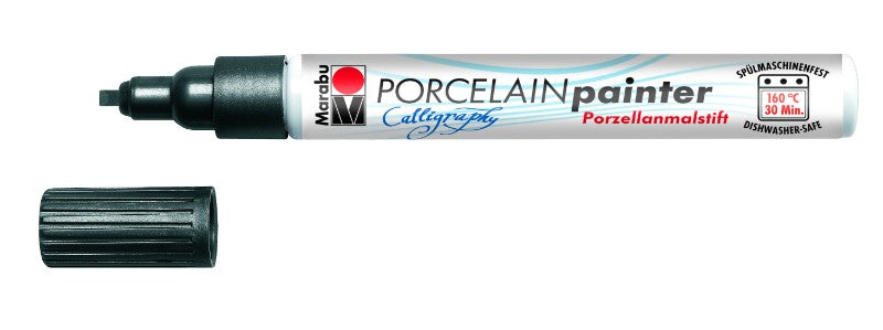 A bottle of Porcelain Painter Black Calligraphy paint for creating intricate designs on ceramics and various surfaces.