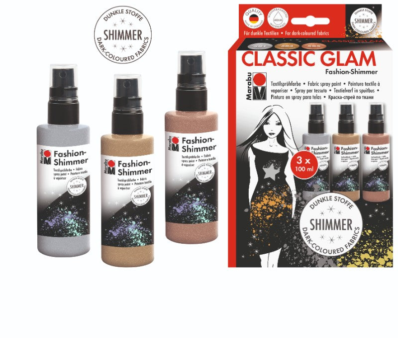 Marabu Fashion Shimmer Set includes 3 vibrant fabric sprays: silver, gold, and copper for stunning DIY designs.